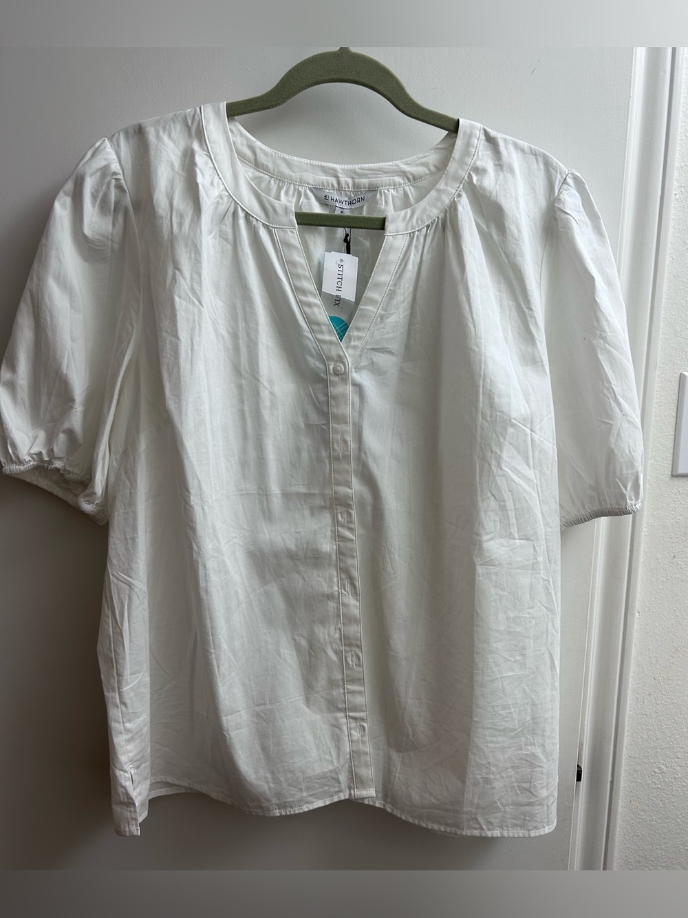 NEW 41 Hawthorn White Cotton Quincy Puff short Sleeve V-Neck Button Blouse XL